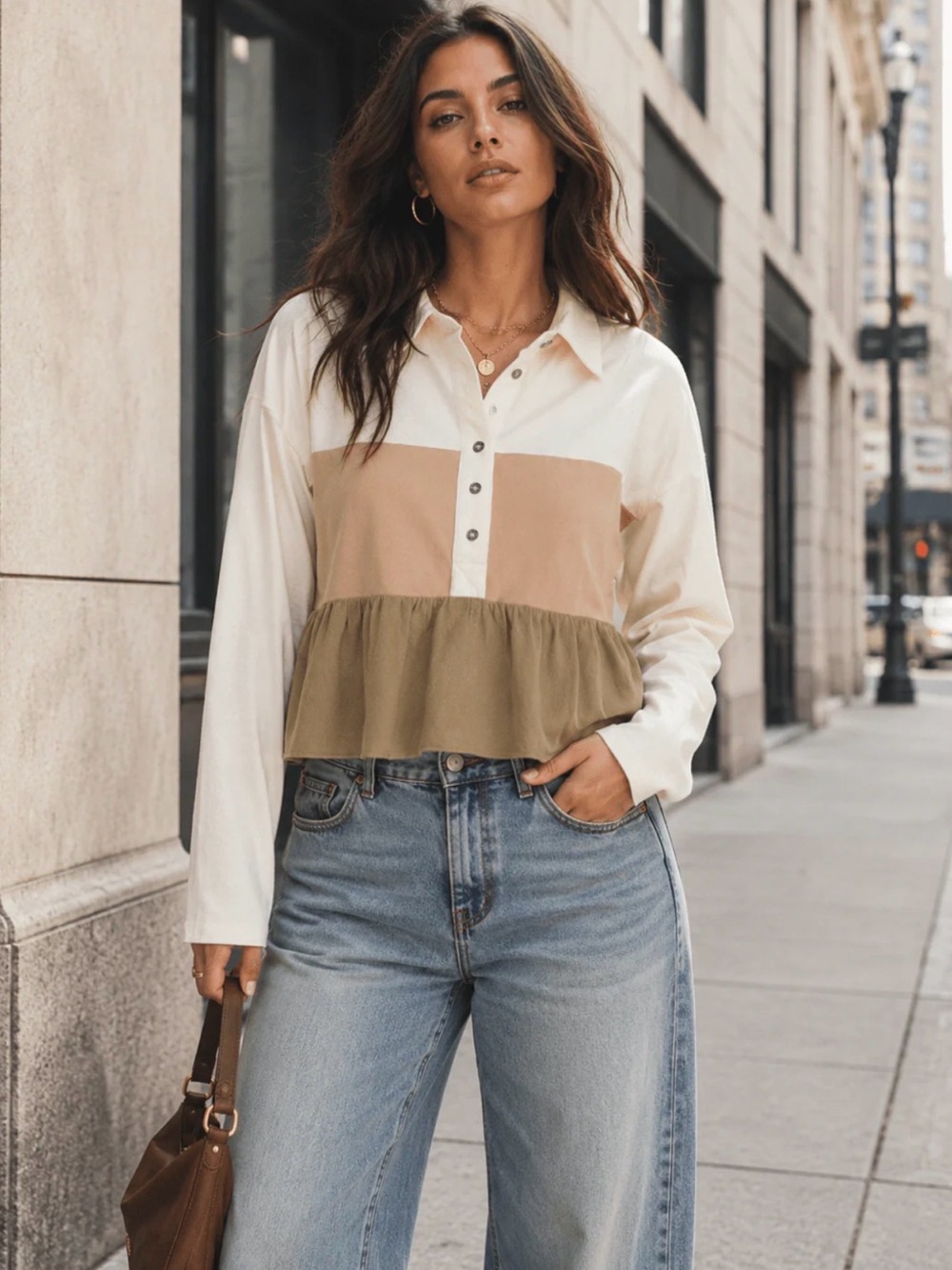🌟B753. Stylish Cotton Colorblock Ruffle Hem Long Sleeve Top